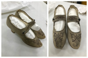 a pair of beaded, suede grey wedding pumps